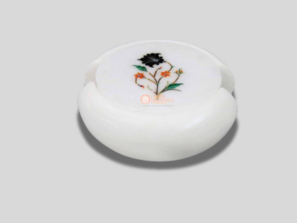 White Round Marble Coaster Set Multi Floral Inlaid Art